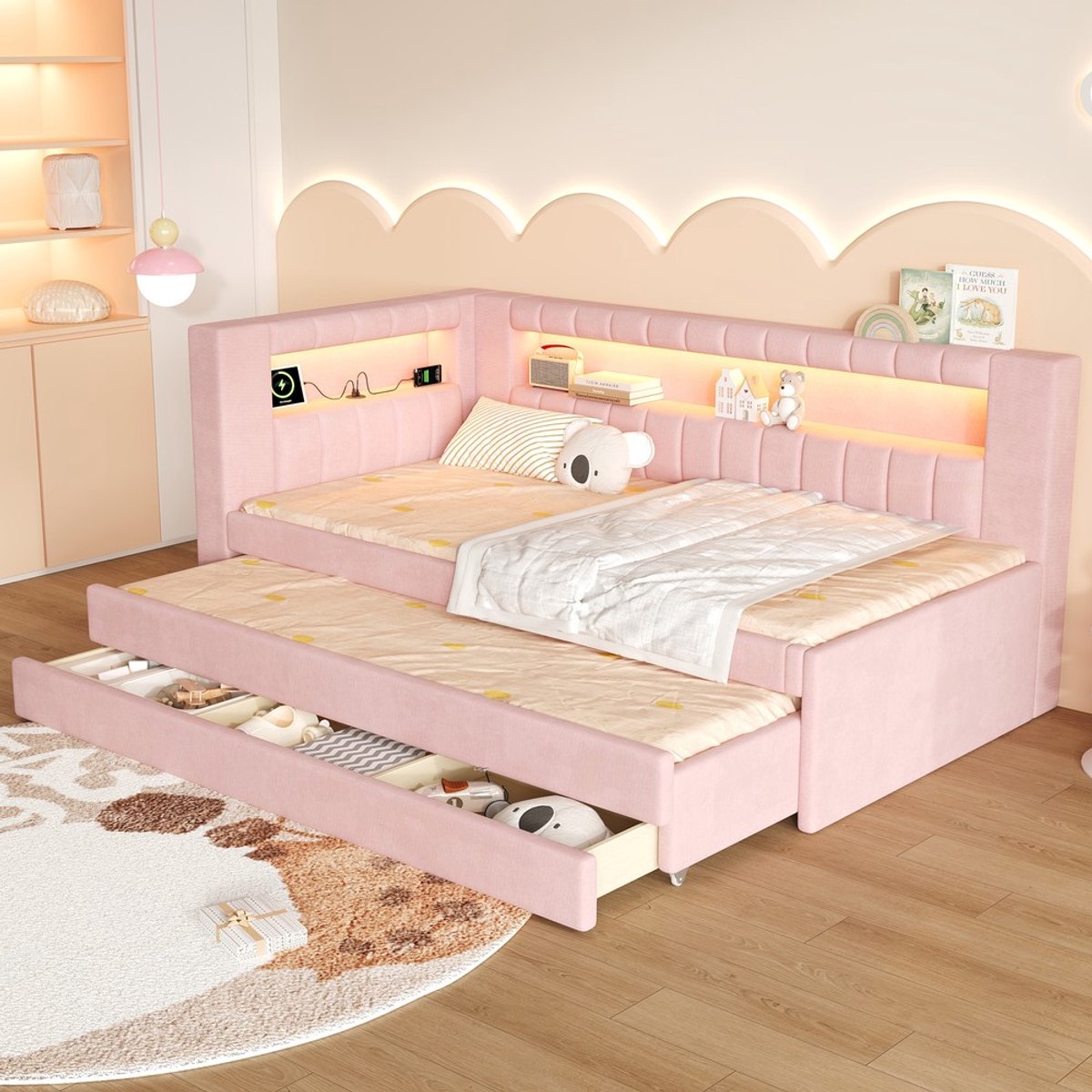 Pugsdrly Gestoffeerd dagbed van 90x200 met USB-aansluitingen en LED-verlichting, met uitschuifbaar bed en drie lades, roze