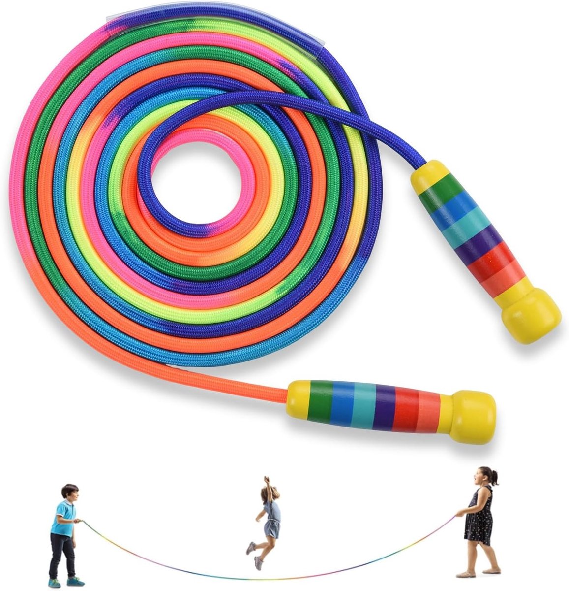 Professionele Springtouw voor Kinderen, 5m Regenboog, Antislip Houten Handvat, Geschikt voor Fitness, Spelletjes en Vrijetijdsbesteding, Leeftijd 3-12 Jaar