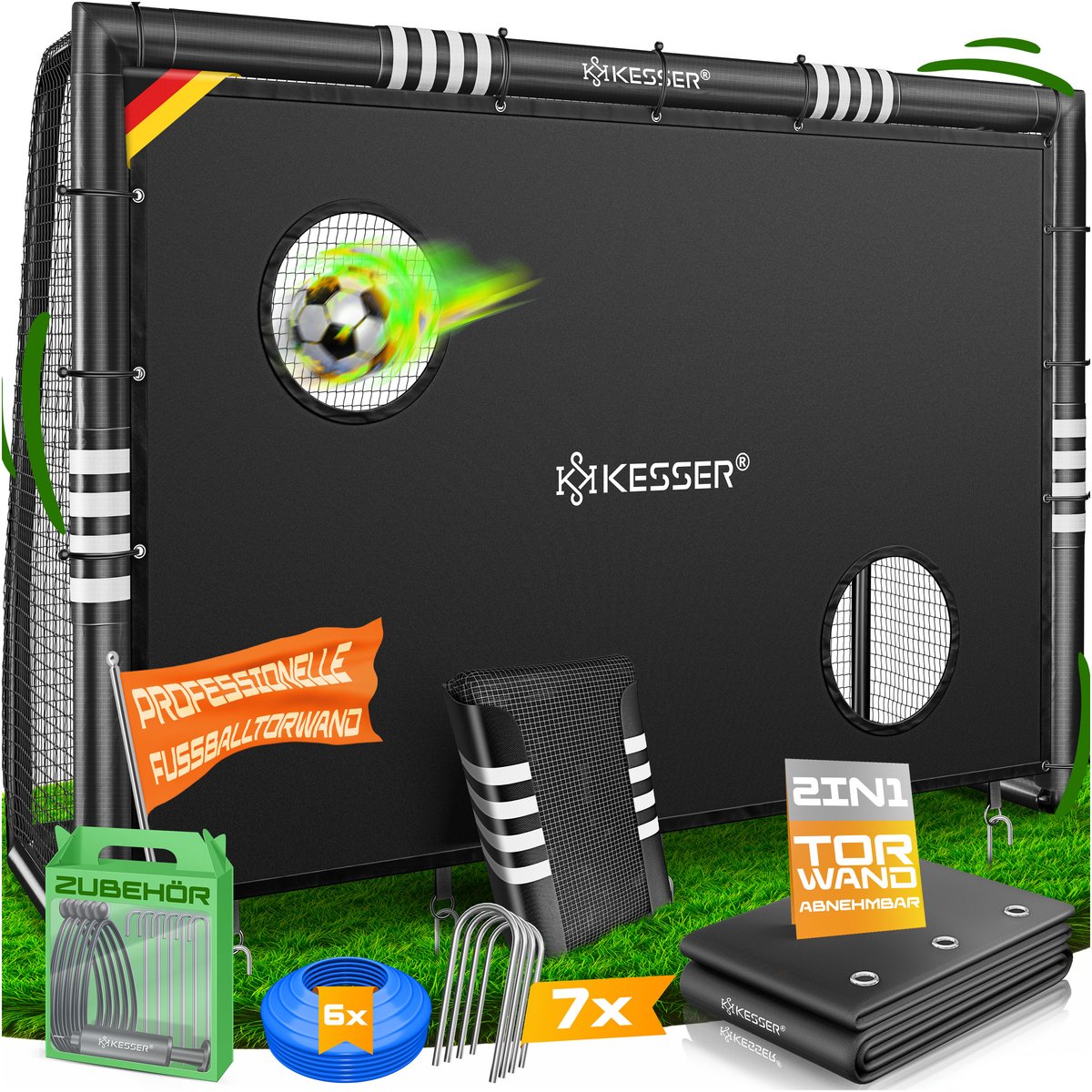 KESSER® Voetbaldoel - Stalen frame met bekleding - UV-bestendig net - 240 cm met doelwand - Zwart