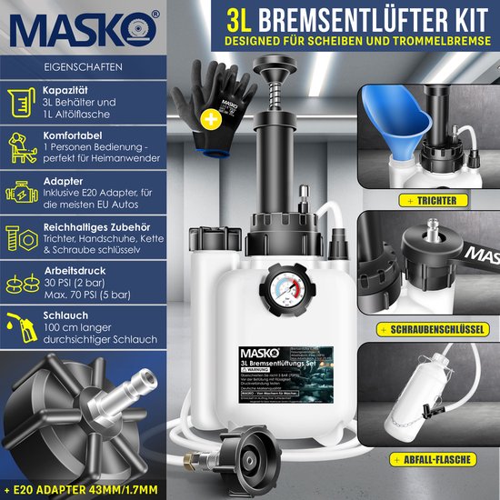 MASKOKit voor het ontluchten van remmen van 3L met 1L reservoir, trechter, handschoenen en adapter.