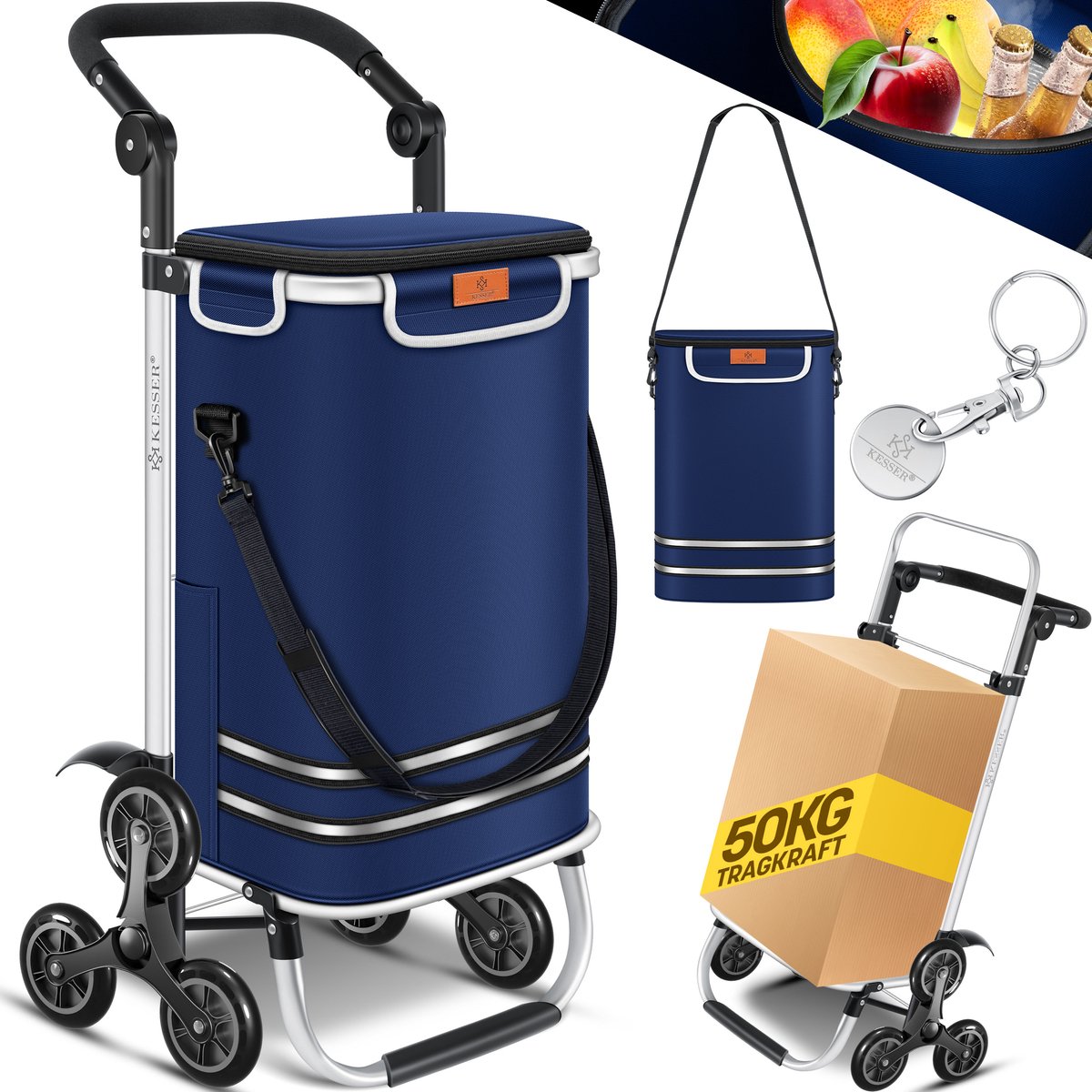 KESSER® Boodschappentrolley met trapklimmer - opvouwbaar, 56 L met koelvak, tot 50 kg - Marineblauw