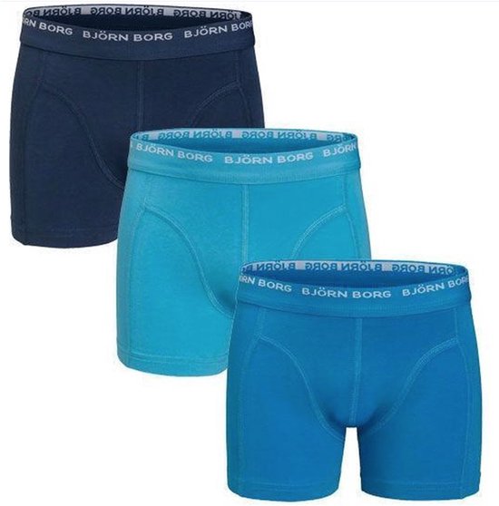 Drie Björn Borg boxershorts in verschillende blauwtinten met logo op de tailleband.