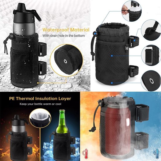 1 stuk, zwart, bekerhouder voor fietsen, scooters en rolstoelen, waterfleshouder voor rollators, golfkarretjes en strand, universele drankhouderaccessoire met netzak en touwsluiting. — afbeelding 3