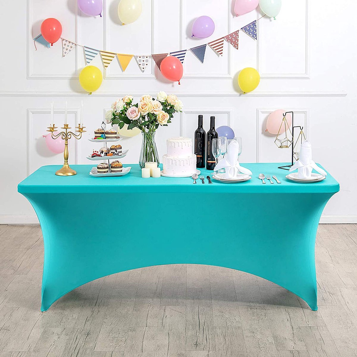 Rechthoekig, rekbaar en vlekbestendig tafelkleed, waterdicht, wasbaar en rekbaar, geschikt voor het decoreren van terrassen, keukens, bruiloften, verjaardagen, feesten, picknicks en andere gelegenheden,Meerblauw - 183 x 76 x 76 cm (6 voet)