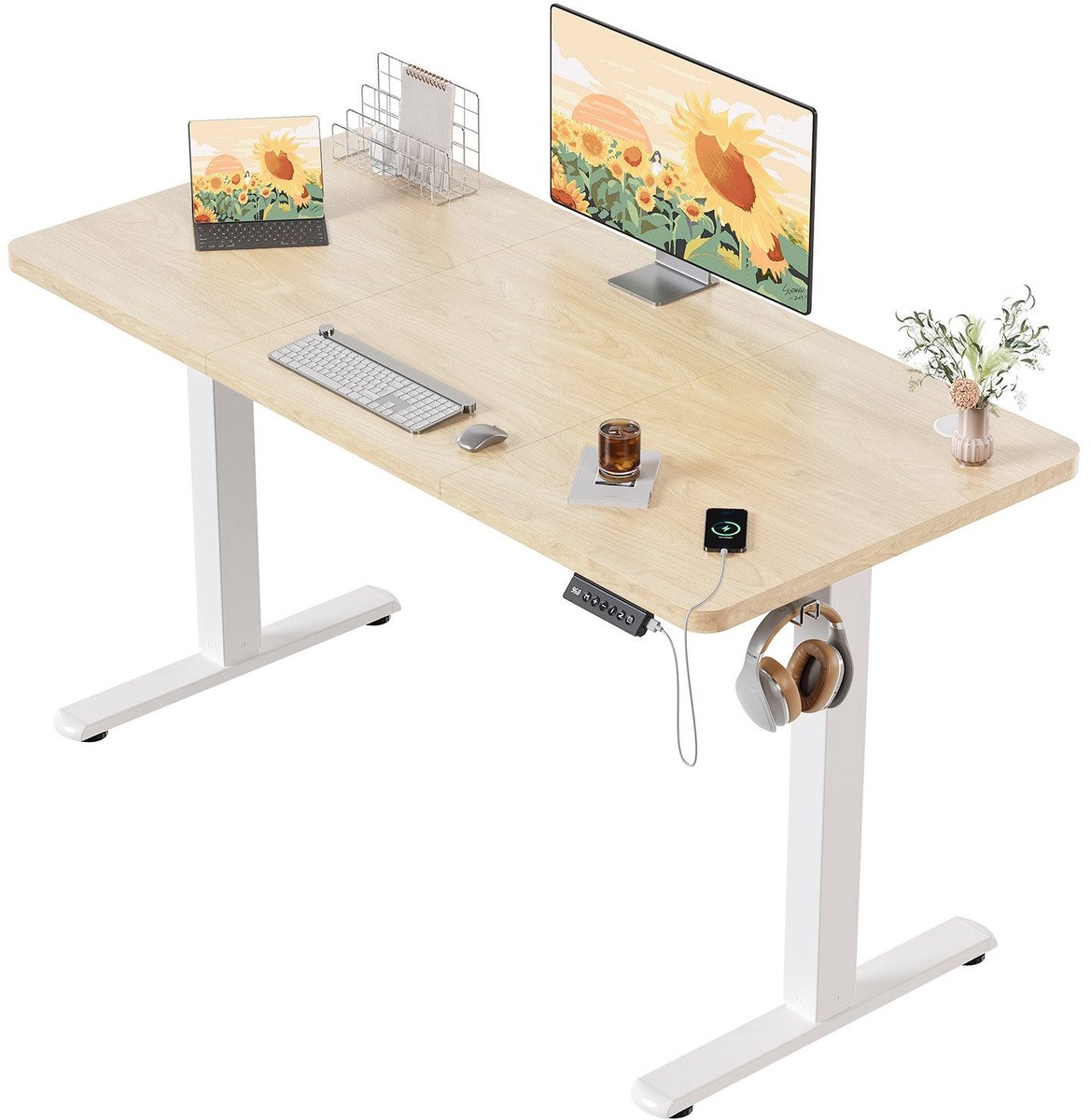 Devoko Elektrisch Verstelbaar Zit-Sta Bureau 120x60 cm Breed – Hoogte 73–118 cm – 2 Geheugenstanden, Zit-Herinnering, LED-Display en USB – Draagvermogen 70 kg – Beige