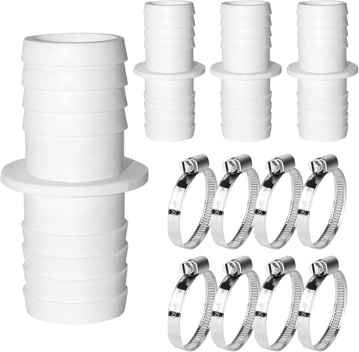 Set van 4 zwembadadapters, 32 naar 32 mm, slangaansluiting 32 op 32 mm, met roestvrijstalen slangklemmen (32-32 mm)