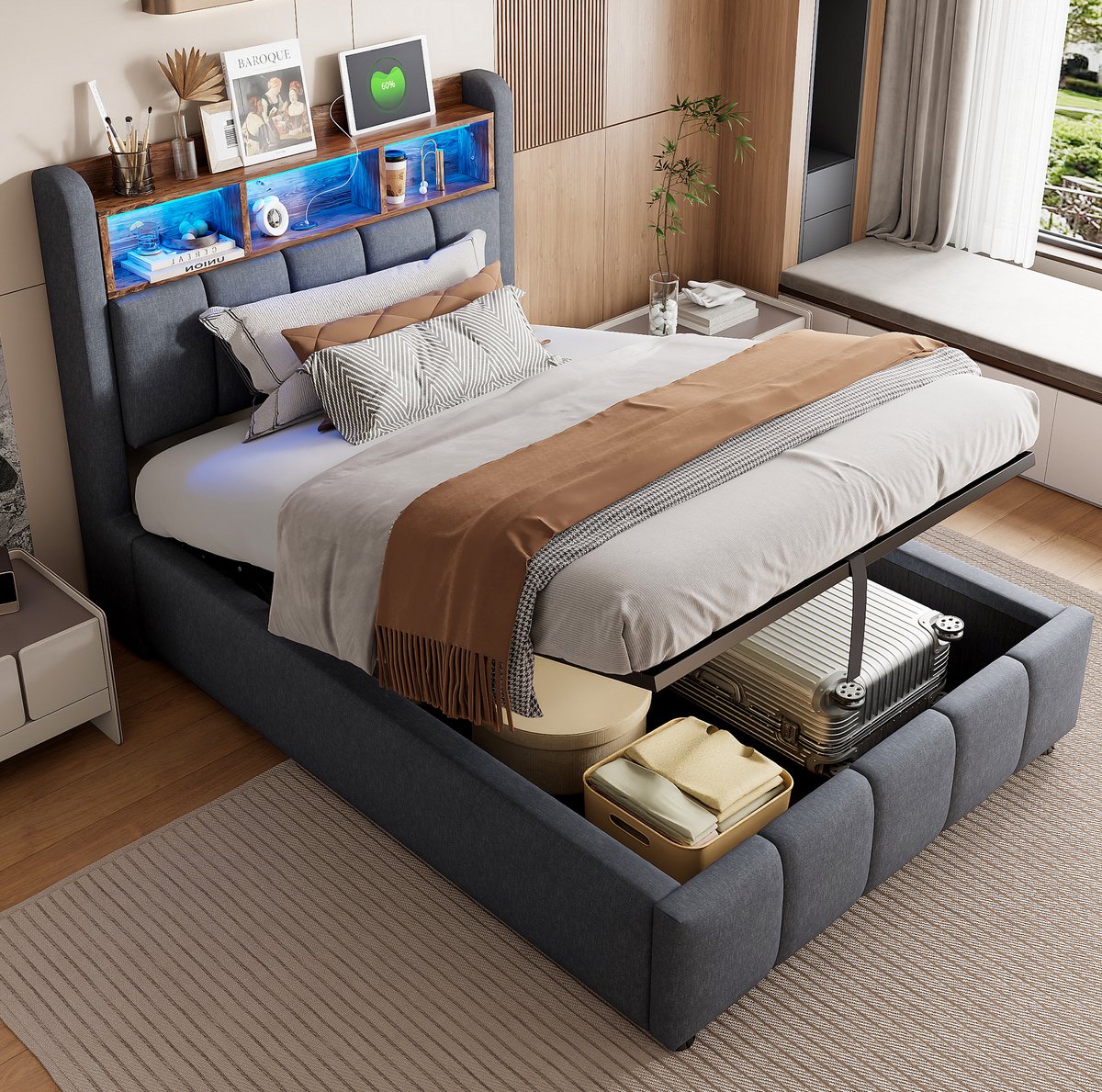 MODENUIT Bed Met Opbergruimte – 90 x 200 Cm – Ledverlichting En Usb-Aansluitingen – Stof – Grijs – Met Matras