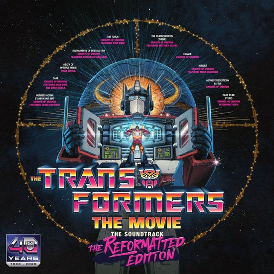 De Transformers: The Movie - The Soundtrack Reformatted Edition met Optimus Prime centraal, omringd door songtitels en artwork. Logo met "40 Years 1986-2026".