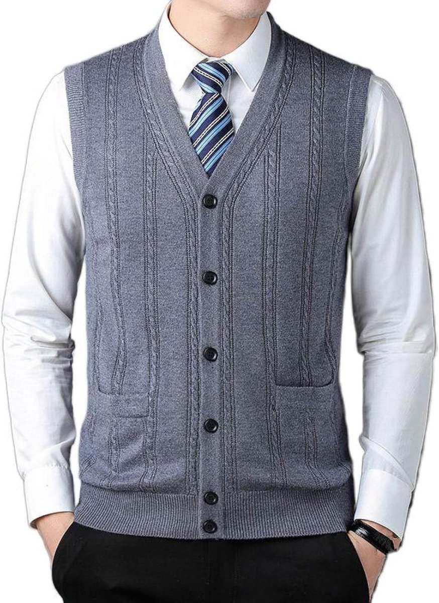 Vest Met V-Hals, Gebreid Vest Met Contrasterende Jacquard, Mouwloos Vest Met Contrasterend Jacquard, Zakelijk Casual Truivest, Herengebreid Vest, Vest Met Trui, Tanktops, Middengrijs,