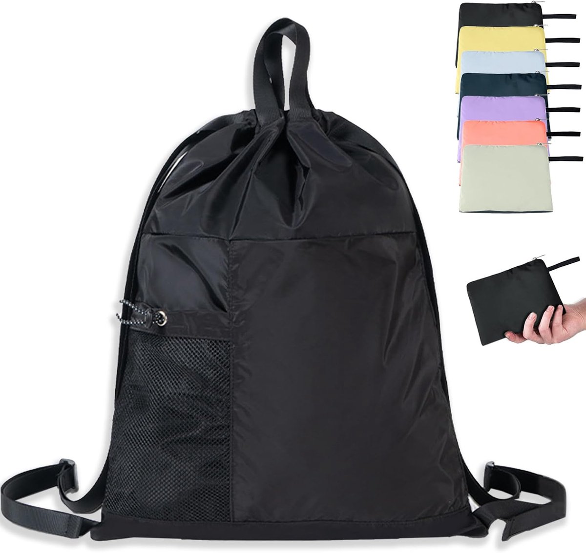Rugzak met Trekkoord, Waterdichte tas, 14L Lichtgewicht Gymrugzak met Trekkoord voor Dames en Heren, met Twee Ritsvakken en Meshvakken voor Waterflessen