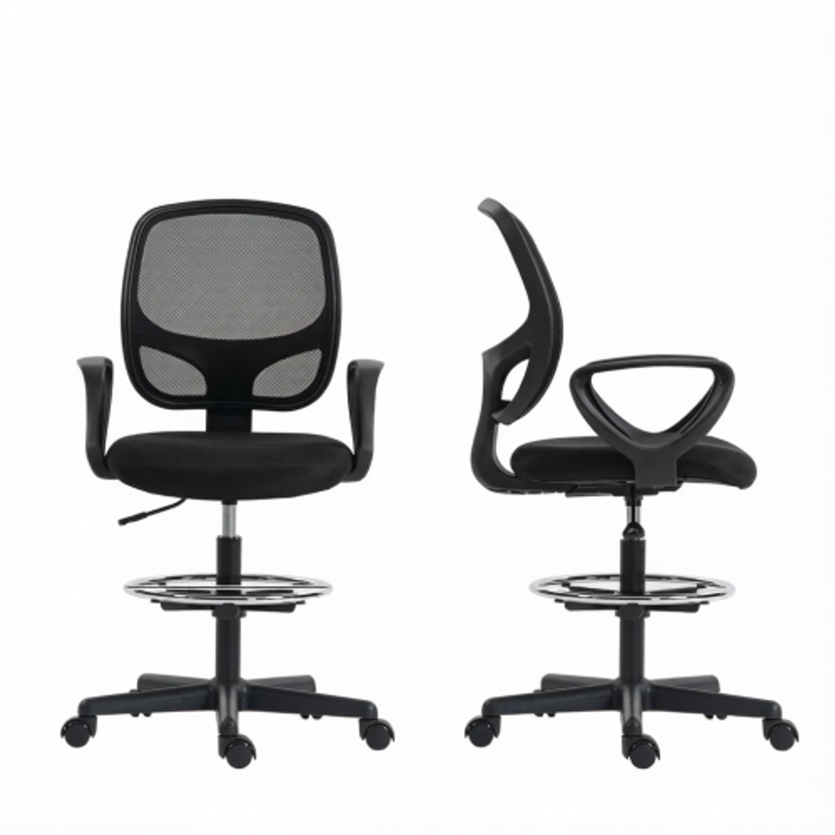 Bureaustoel-ergonomische bureaustoel met voetenring-hoge tekenstoel verstelbaar-ligfunctie-59 x 58 x 103-123 cm-thuiskantoor-zwart