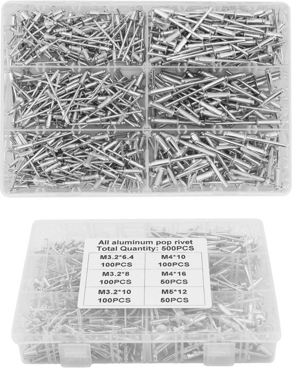 Pop Klinknagels Assortiment - 500 Stuks Aluminium Klinknagels voor Metaal, Hout en Kunststof