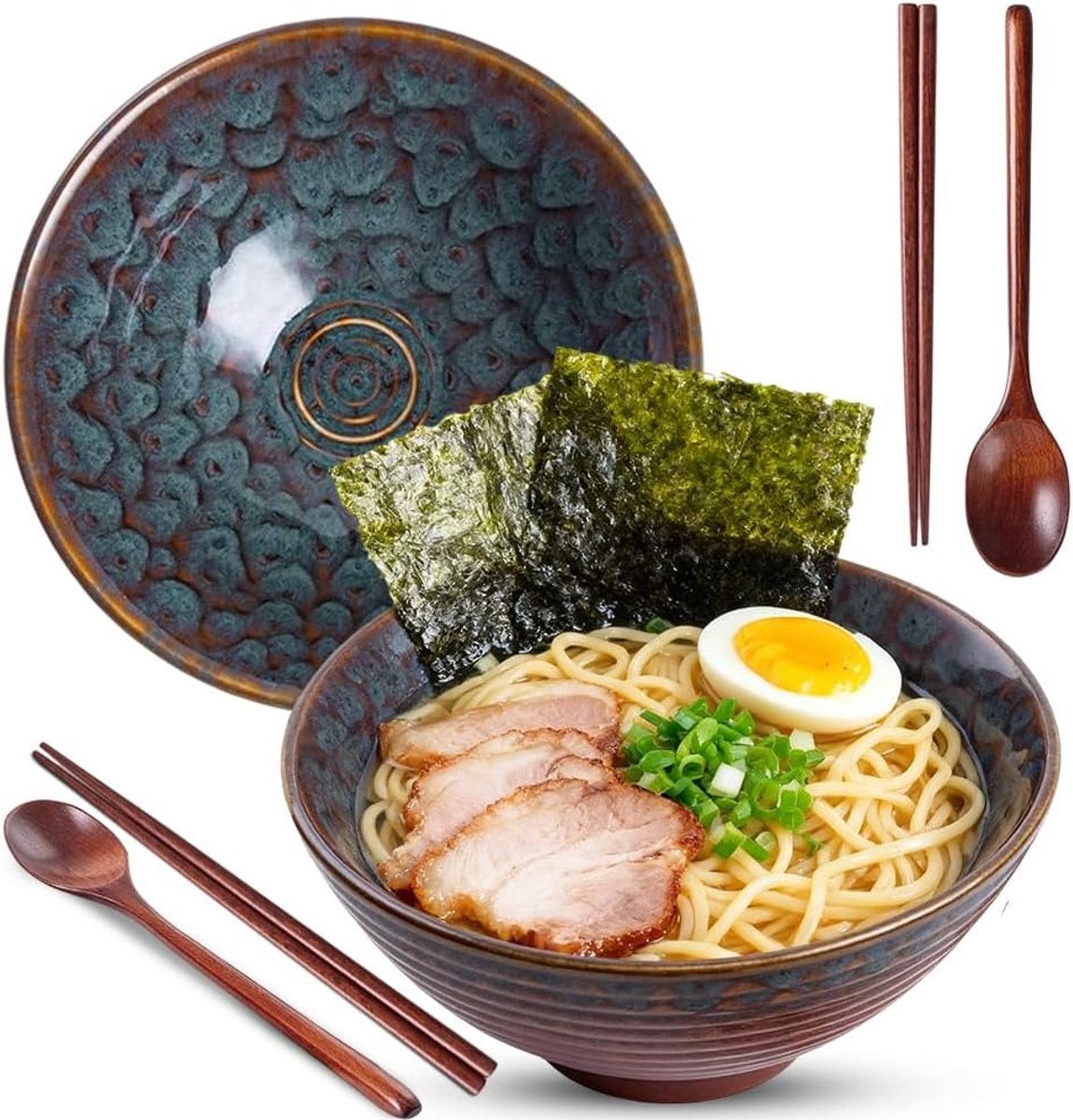 Set van 2 ramenkommen van keramiek, 1200 ml ramenkommenset met eetstokjes en lepels, bowl-kom, soepkom, groot voor ramen, soep, pasta, fruitsalade, pauwenstaart