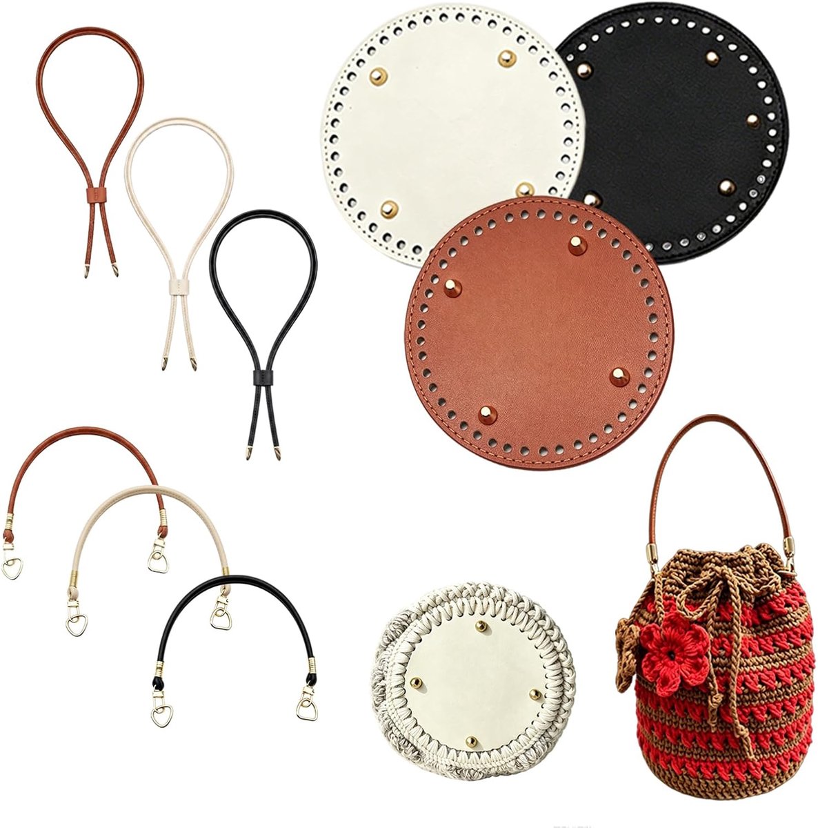 3 stuks zakbodem om te haken, tasgrepen voor haaktassen, complete set met ogen, mandbodem om te haken, rond, PU-leer, voor haaktassen, doe-het-zelf handtas, schoudertas (beige, bruin, zwart)