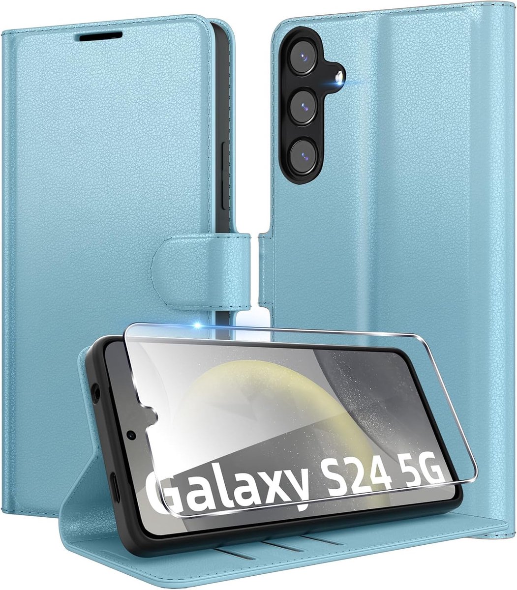 Telefoonhoesje voor Samsung Galaxy S24 5G, premium PU-lederen portemonnee, kaartenvak, standfunctie, beschermhoes, stootvaste klaphoes, flip case met 1 stuks pantserbescherming, glas, blauw