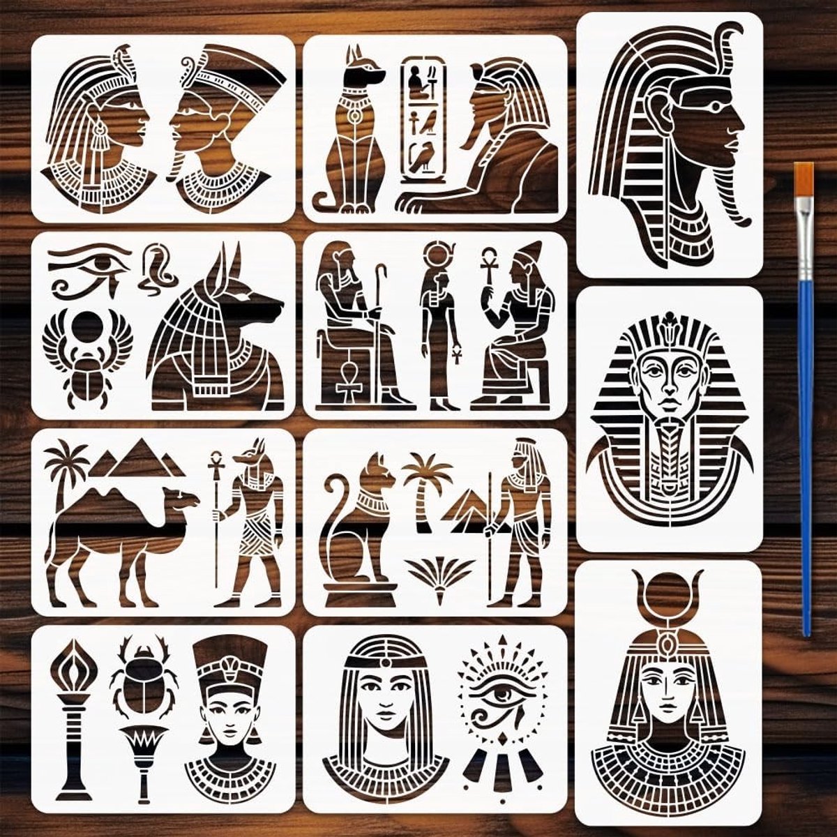 11-delige Egyptische sjablonen 29.7x21cm met kwast - Herbruikbare sjablonen voor schilderen op hout met oude Egyptische patronen en thema's