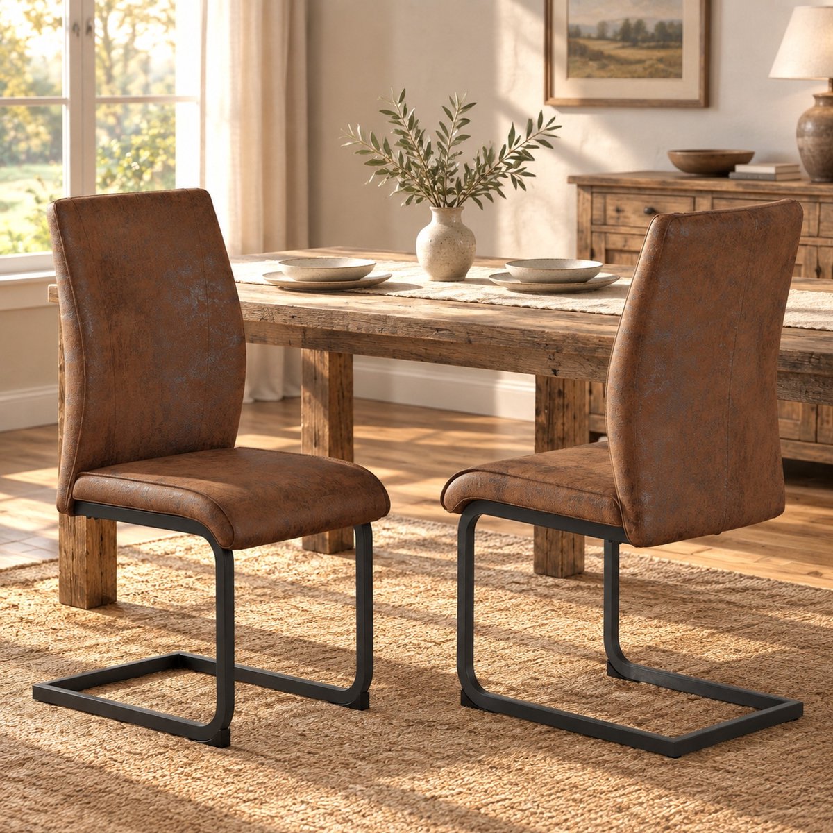 REDOM Eetkamerstoelen set van 2 - Bruine tech-stof - Hoge ergonomische rugleuning - Zwart metalen frame - Antislipvoeten - 43 x 44,5 x 99 cm