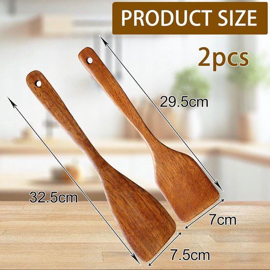 Spatel, houten spatel om te koken, houten kookbestek, premium pannenlift, houten spatel, houten spatel, keukenspatel met lange handgreep van massief hout hardhout, 2 stuks — afbeelding 2