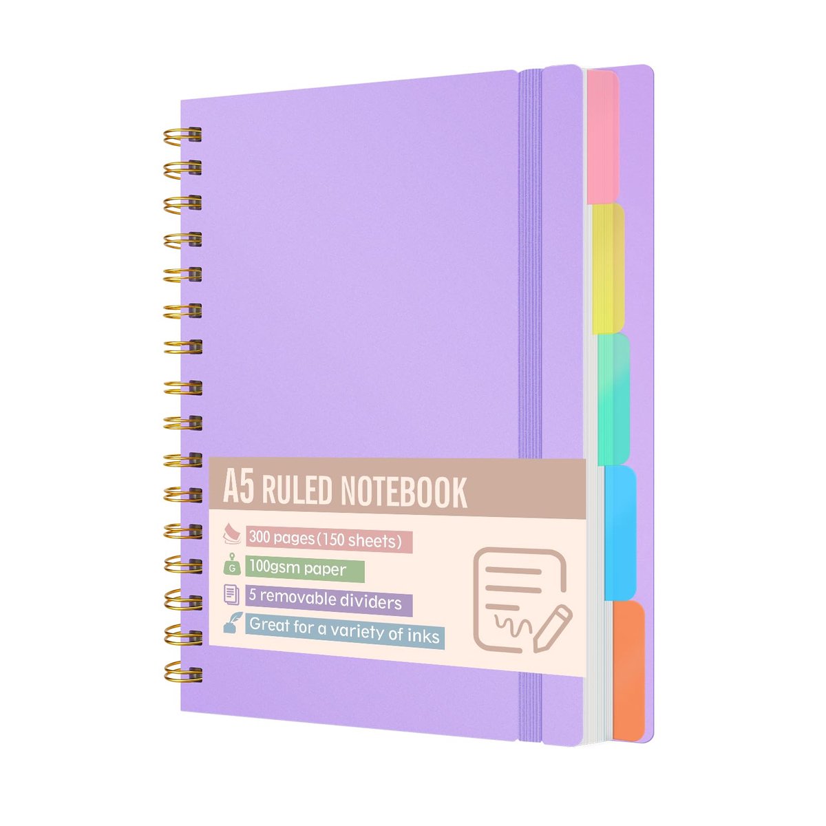 SnelShoppen - A5 Notitieboek Gelinieerd met 300 Pagina's Papier 100 g/m², Hardcover, Spiraalbinding, 5 Uitneembare Scheidingsbladen, Perfect voor Stud