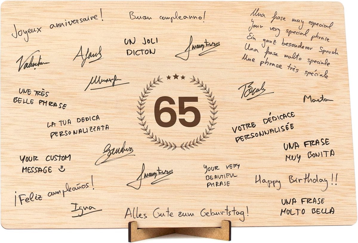 SnelShoppen - Felicitatiekaart 65e Verjaardag & Pensioen | Originele Houten Wenskaart Cadeau & Decoratie Idee voor Man Vrouw 65 Jaar | Unieke Kaart vo