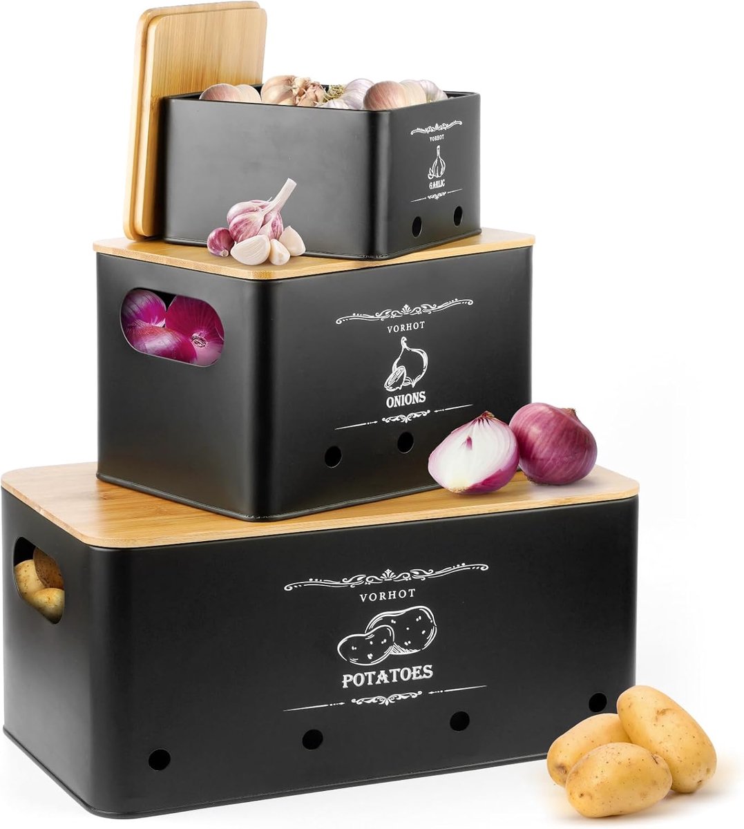Aardappelopslagbox set van 3 - bamboe - voor aardappelen, uien en knoflook - georganiseerd bewaren - ShopVlot