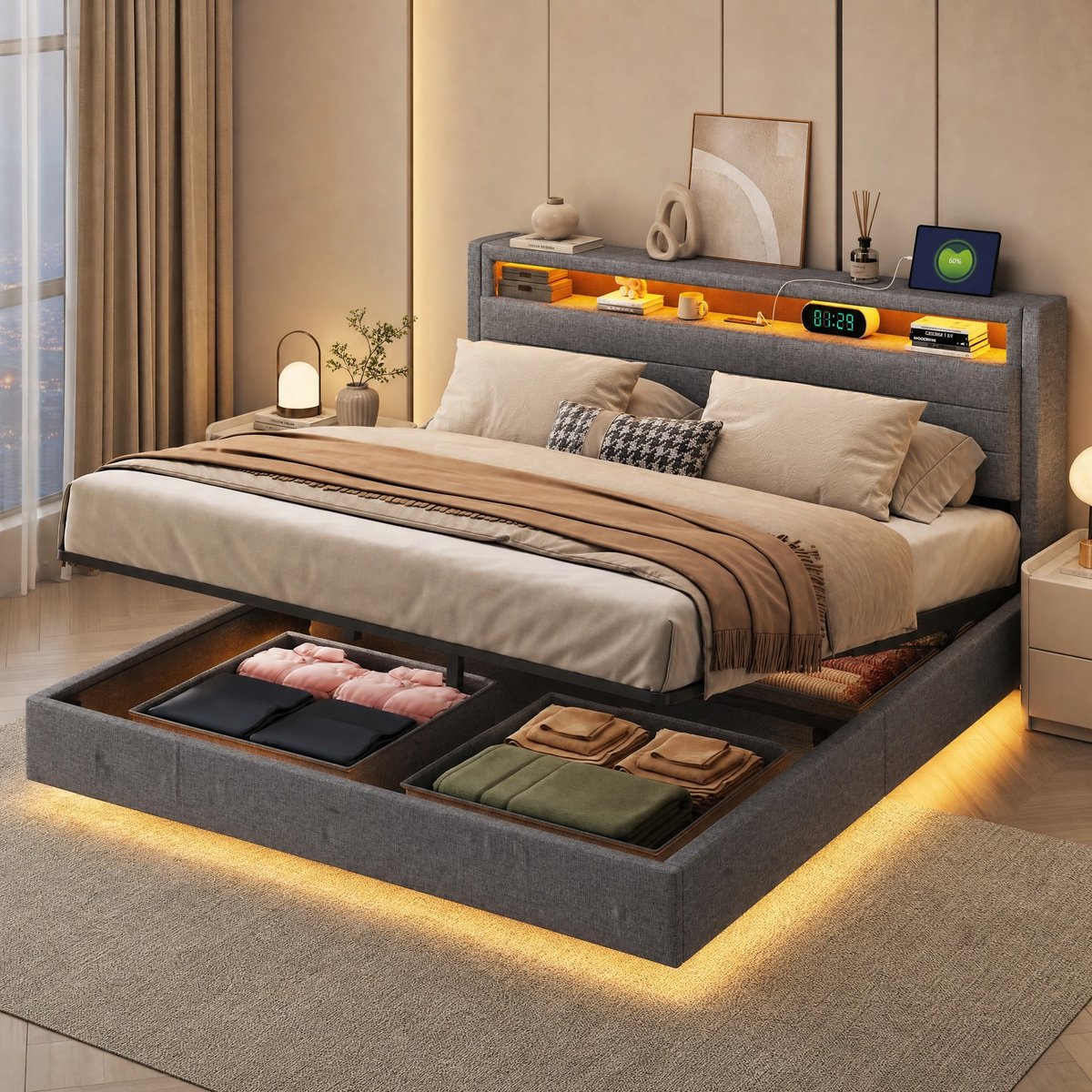 WUVRIE Gestoffeerd bed 160x200 cm met hydraulische opbergruimte, USB, LED en lattenbodem, grijs