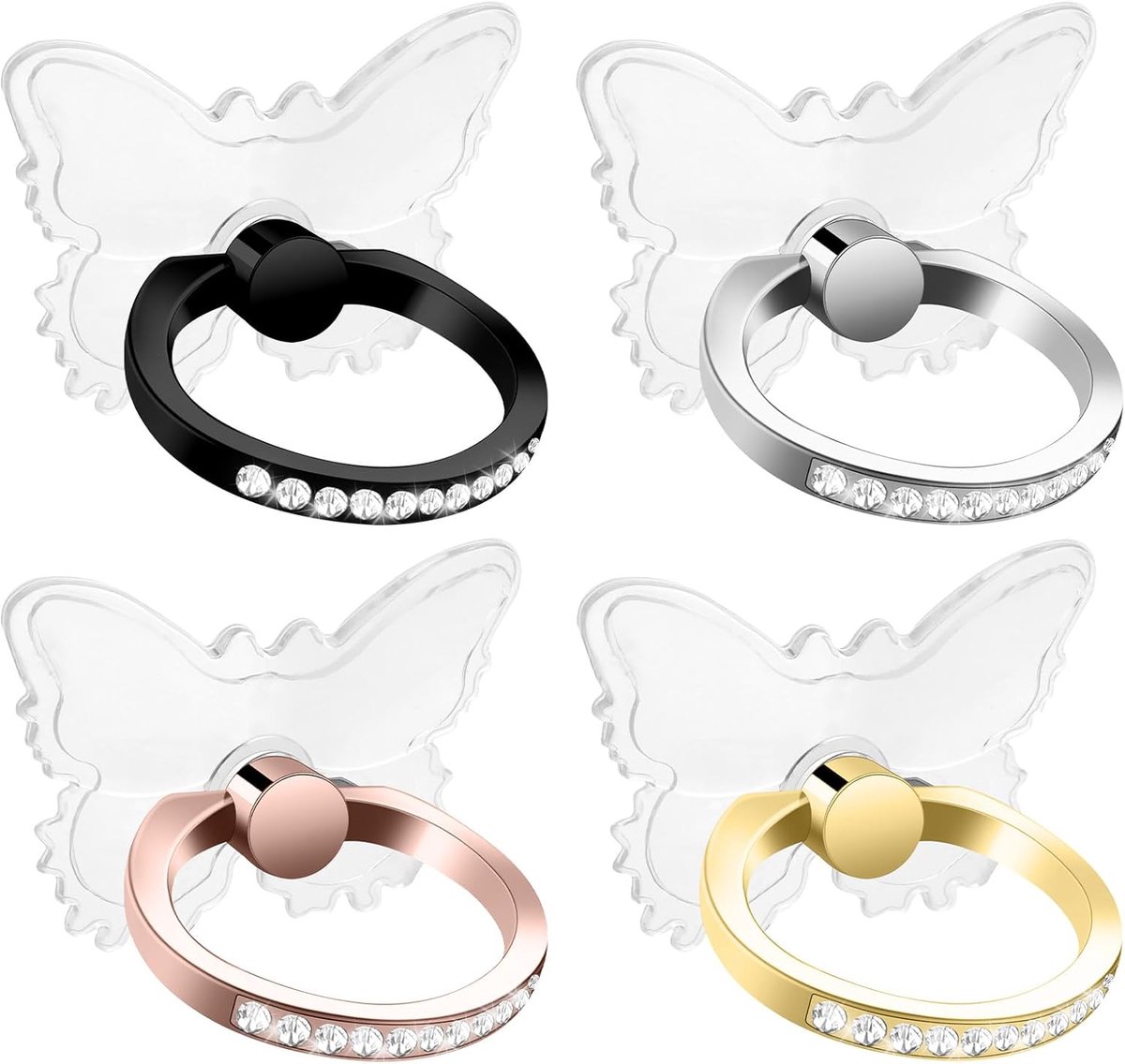 SnelShoppen - 4 Transparante Telefoonringhouders met Vlinder Design, 360° Rotatie, Doorzichtige Diamanten, Gouden, Zilveren, Roségouden en Zwarte Kleu