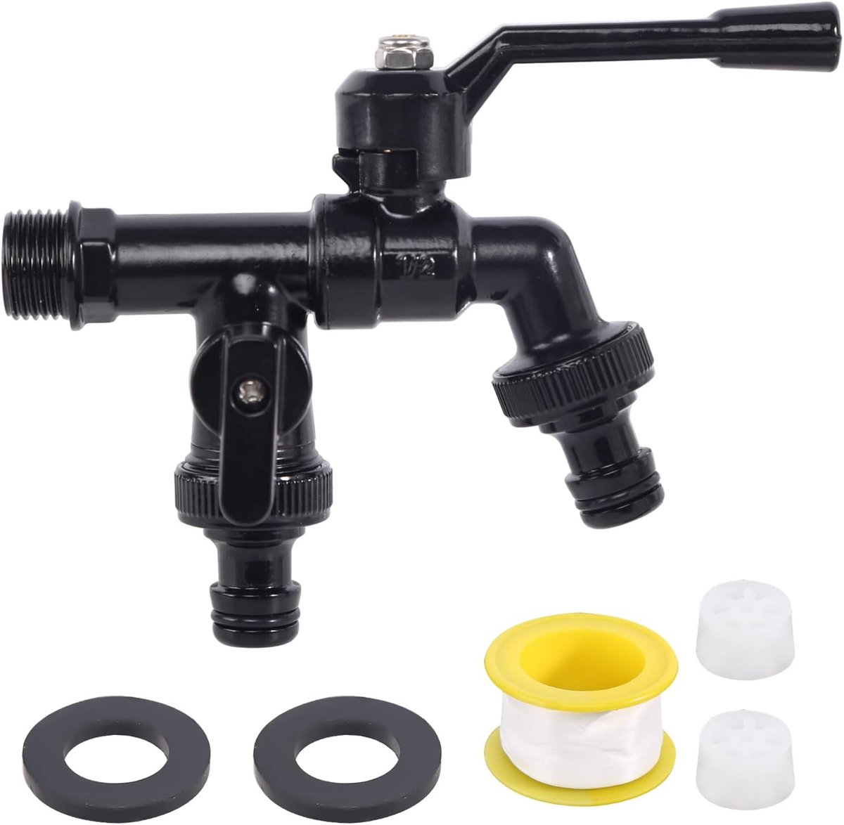SnelShoppen - Double Garden Water Tap 1/2 Inch Hoogwaardige Messing Tuinkraan met 2 x 3/4 Inch Uitgangen - Vorstbestendige Buitenkranen voor Tuin en W