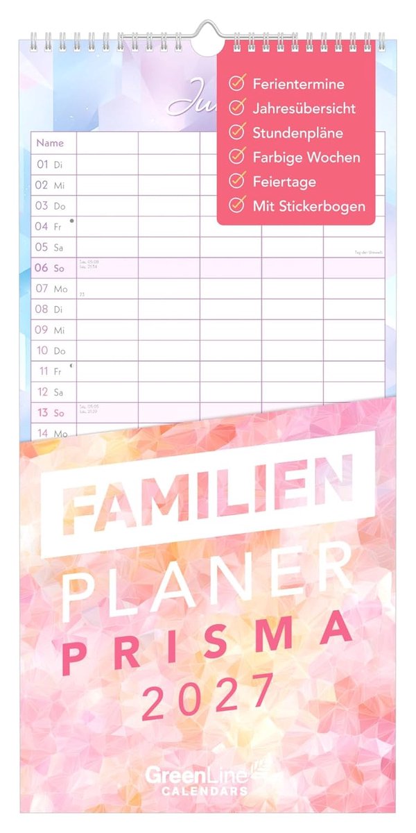 SnelShoppen - Familienplaner Prisma 2027 Wandkalender 22x45 cm Rainbow-Design met 5 Spalten, Stickerbogen, Vakanties, 4-talige Kalender voor Gezinnen