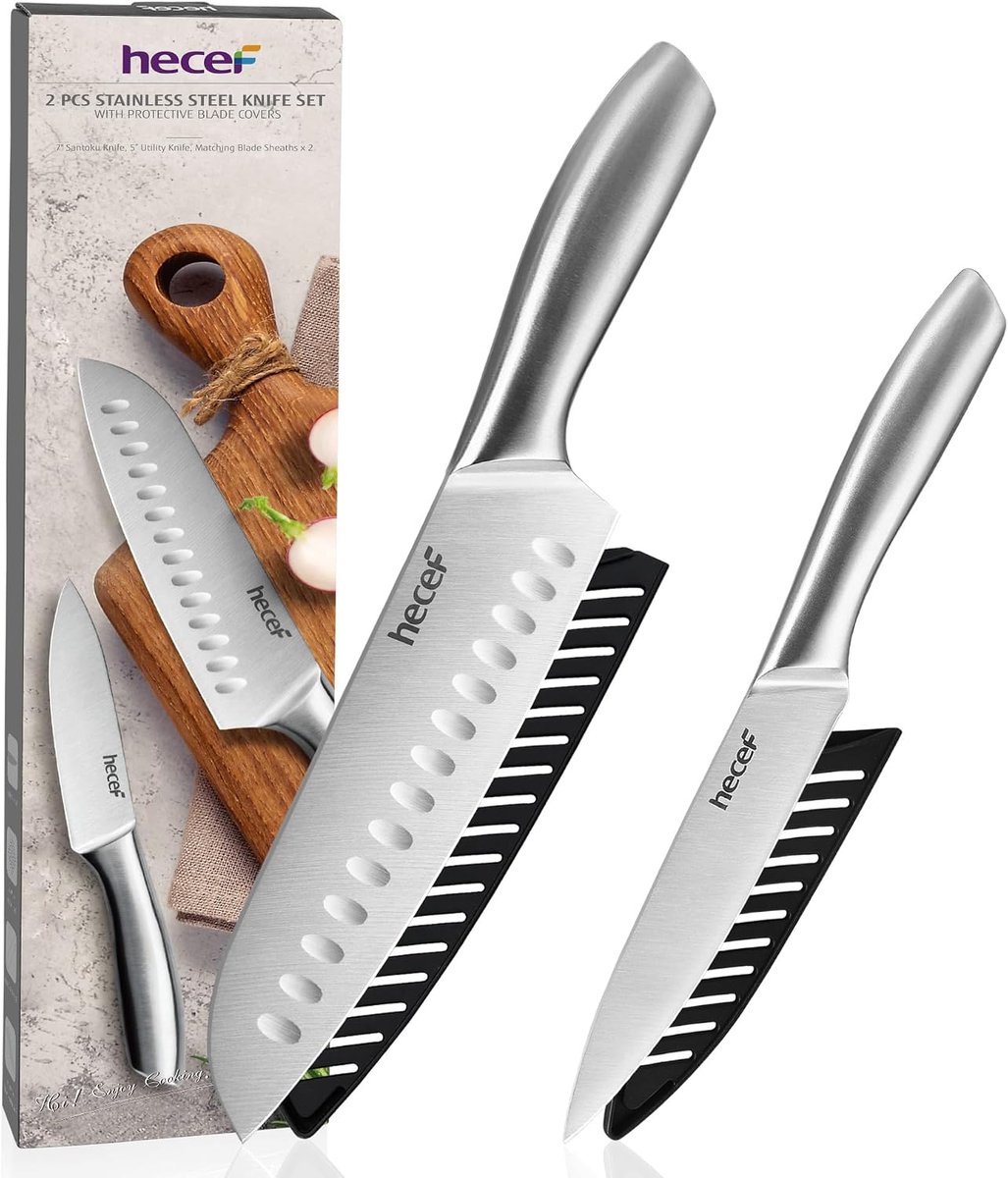 SnelShoppen - 2-delige Koksmes Set, Santoku Mes 18 cm en Universeel Mes 12.7 cm, RVS Keukenmessen met Holle Handgreep, Keuken Gereedschap met Messenho