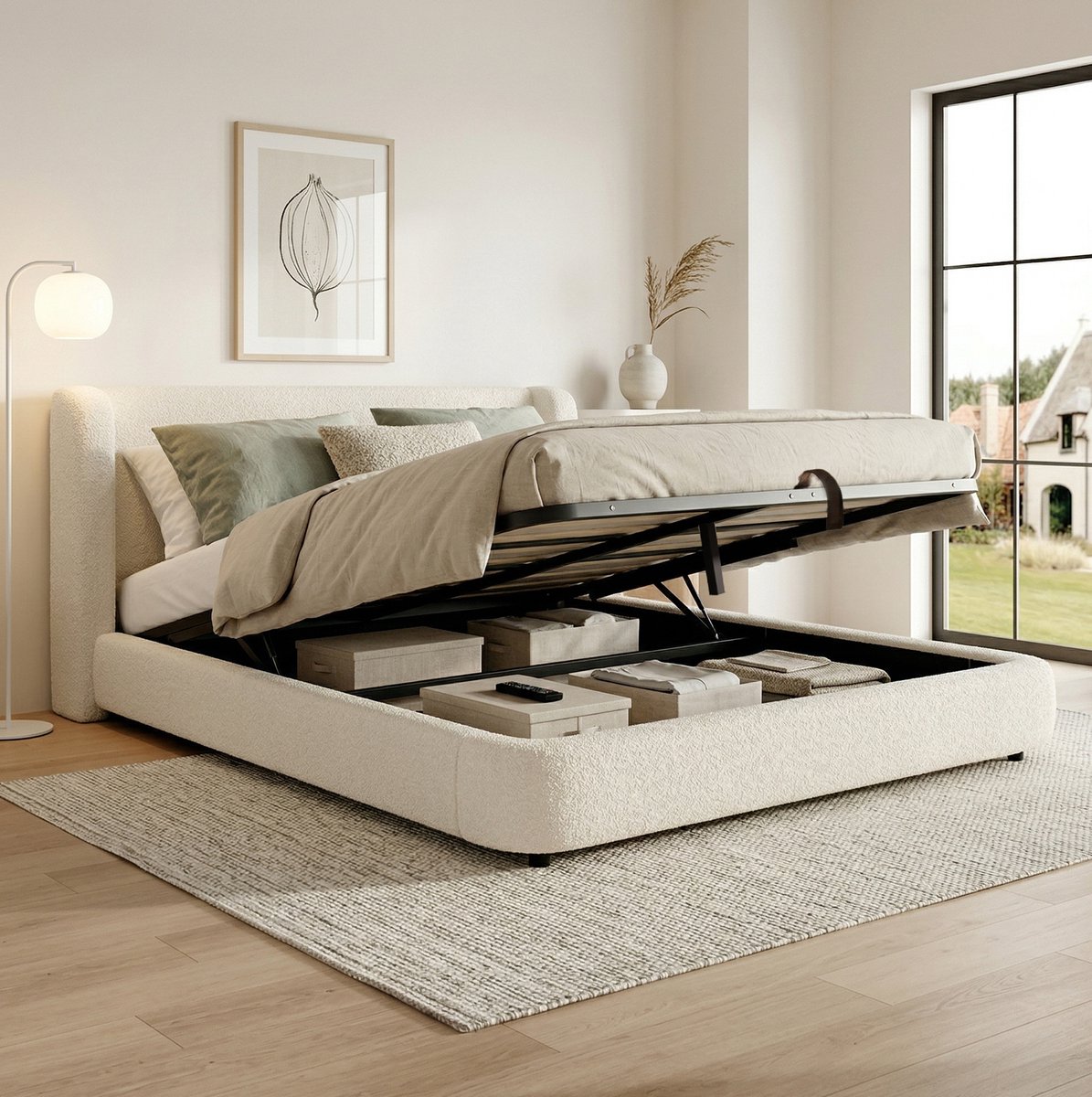 WUVRIE Gestoffeerd tweepersoonsbed 180x200 cm met lattenbodem, hydraulische opbergruimte en hoofdbord, beige bouclé