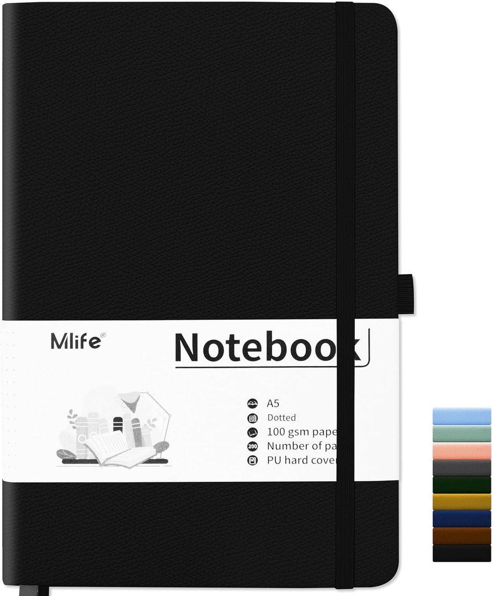 SnelShoppen - A5 Dots Notebook 200 Pagina's 100 GSM Dikte PU Hardcase Notitieboek met Binnenzak en Elastische Band voor Kantoor en Studie (Zwart)