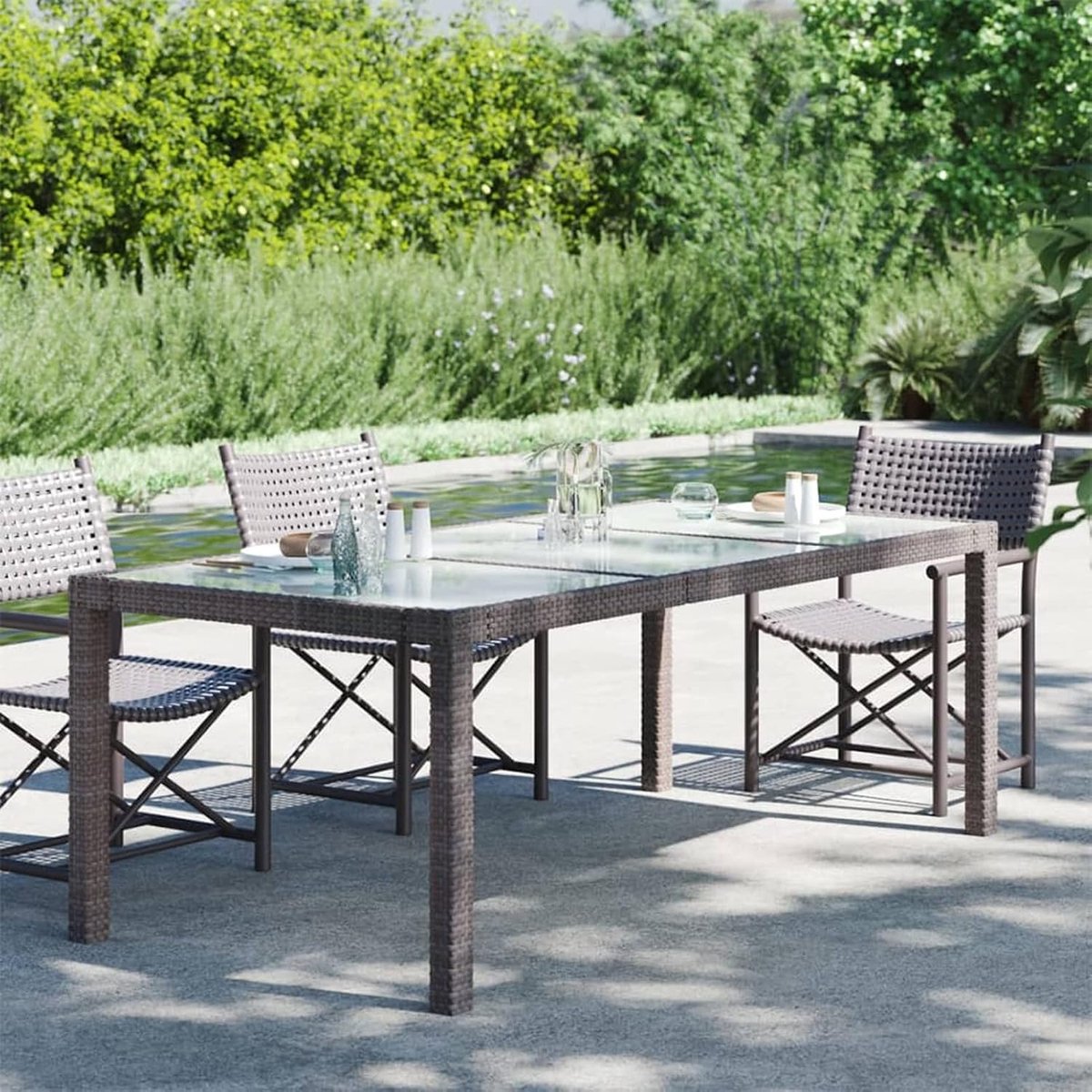 Tuintafel bijzettafel tuin eettafel tuin terras balkon gehard glas kunststof rotan bruin 190x90x75cm