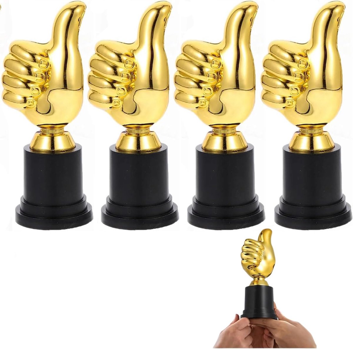 Up Trofee, 4 stuks mini-trofee van kunststof, goud met "duim omhoog", prijs voor sport, school, wedstrijden, ceremonies, motivatiefeesten voor kinderen en volwassenen