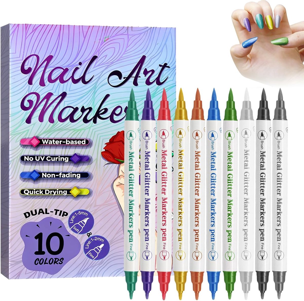 10 stuks nagellakstiftenset, dual-end met kwast en fijne punt, sneldrogende 3D-nageldesignkleuren, professionele manicure-gereedschappen voor patronen, tekenen en graffiti