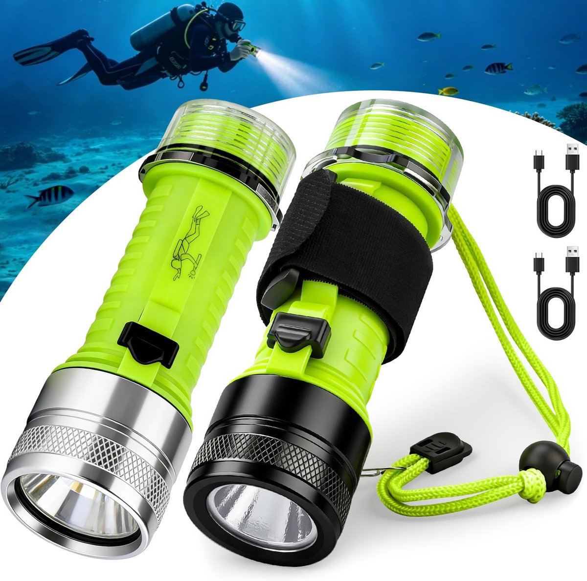 Duiklamp, 2 stuks, IPX8 waterdicht, oplaadbaar, onderwaterlamp met 3 modi, 1500 lumen, duiklamp, duiklamp, led voor duiken, snorkelen, vissen