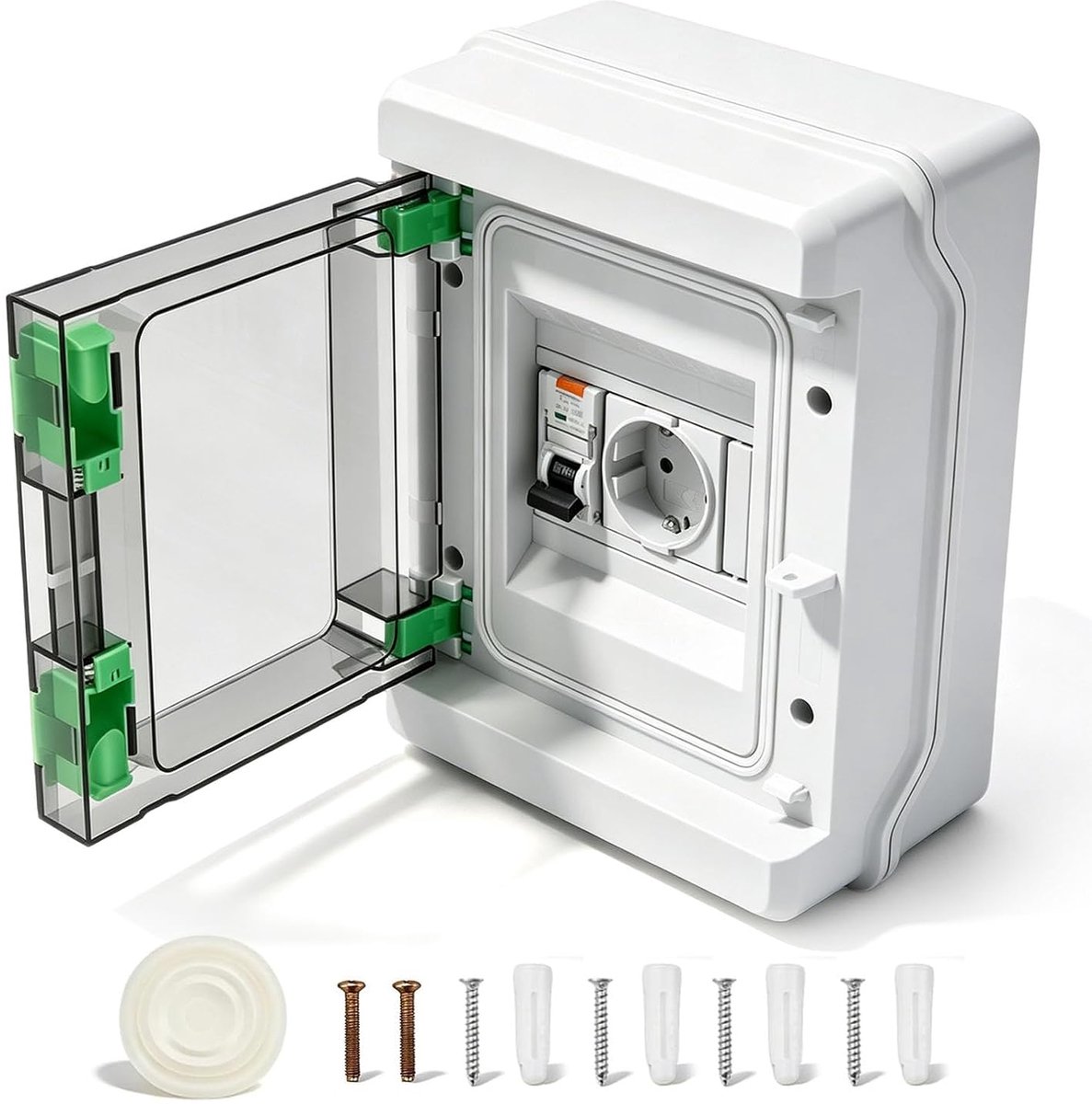 IP65, waterdicht, met 16A Schuko (230V), FI type A 30mA + LS C16. Complete zekeringkast voor binnen, buiten en vochtige ruimtes.