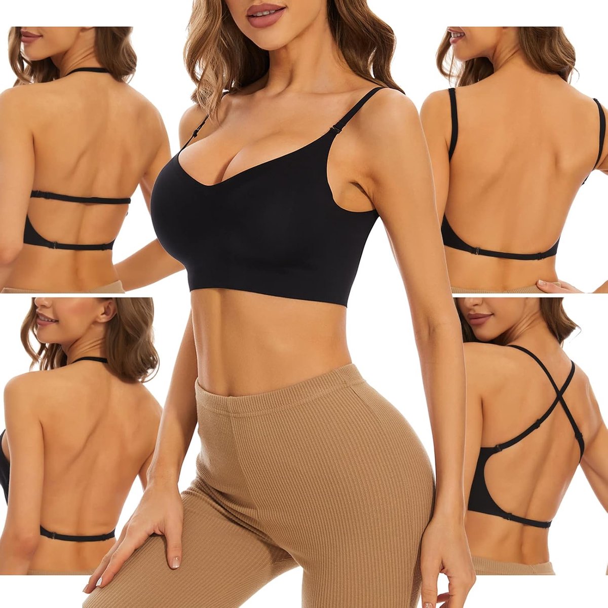Lage Rug BH voor Vrouwen Draadloze Naadloze BH Backless Multiway Bandjes Convertible Halter BH met Padding Verwijderbaar