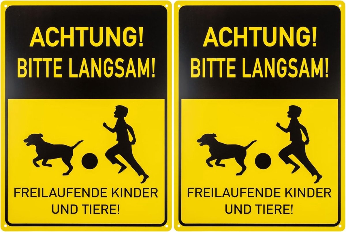 "LET OP! LET LANGAM! VRIJLOPENDE KINDEREN EN DIEREN!", 2 stuks, 40 x 30 cm, 1 mm dik PVC bord met boorgaten, waarschuwingsbord speelstraat, let op kinderborden, autobestuurders teken