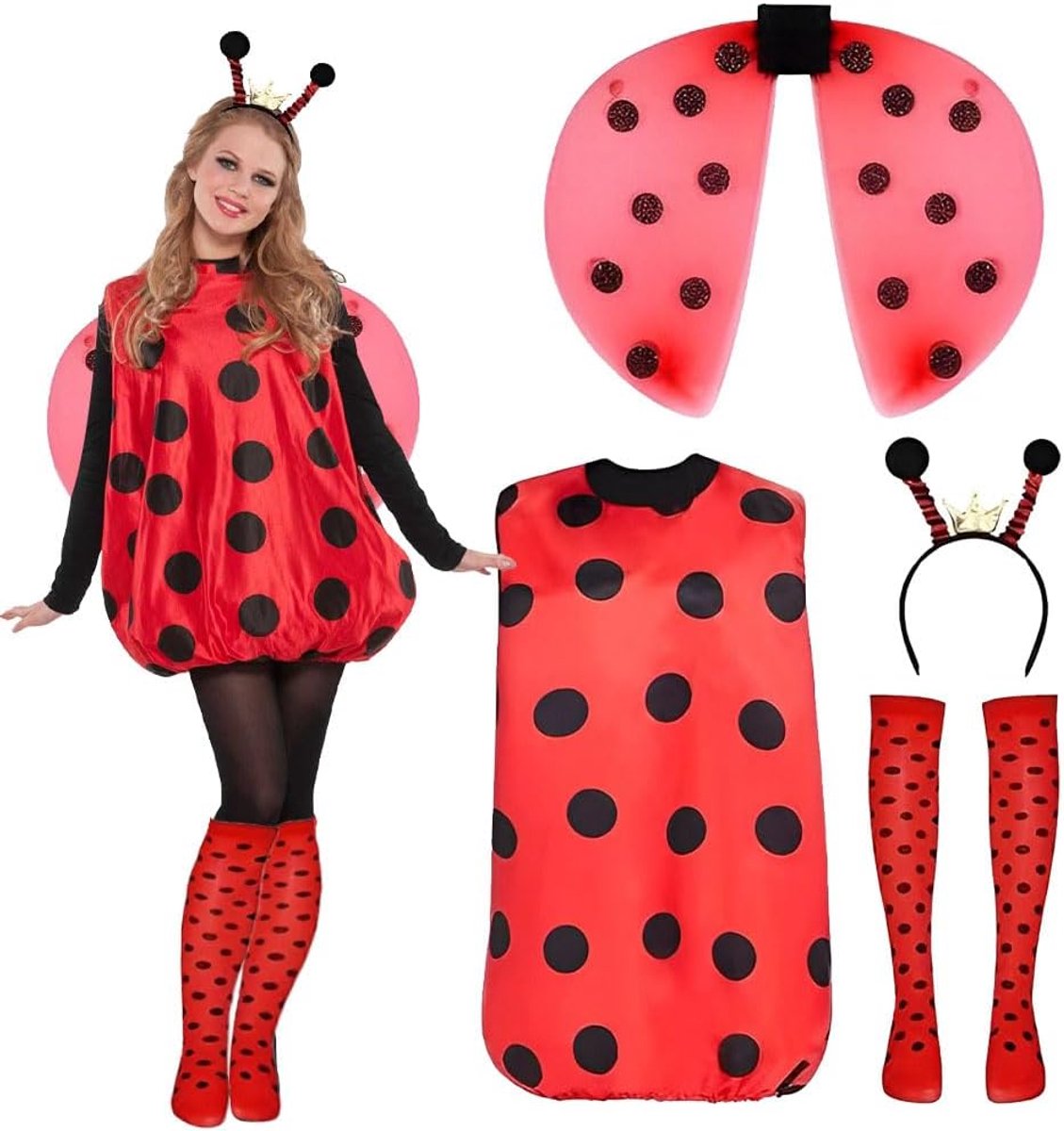 4-delig lieveheersbeestjeskostuum voor dames, lieveheersbeestjeskostuum voor volwassenen, carnavalskostuum voor dames, kostuum voor carnaval, cosplay