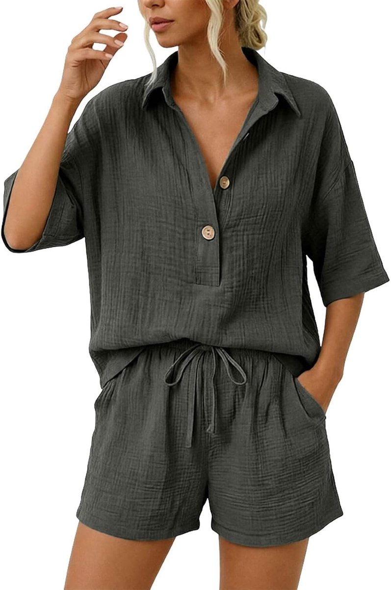 2-delige set voor dames, kort overhemd met kraag en shorts, casual outfit van gekreukte stof met trekkoord, voor zomer, vakantie