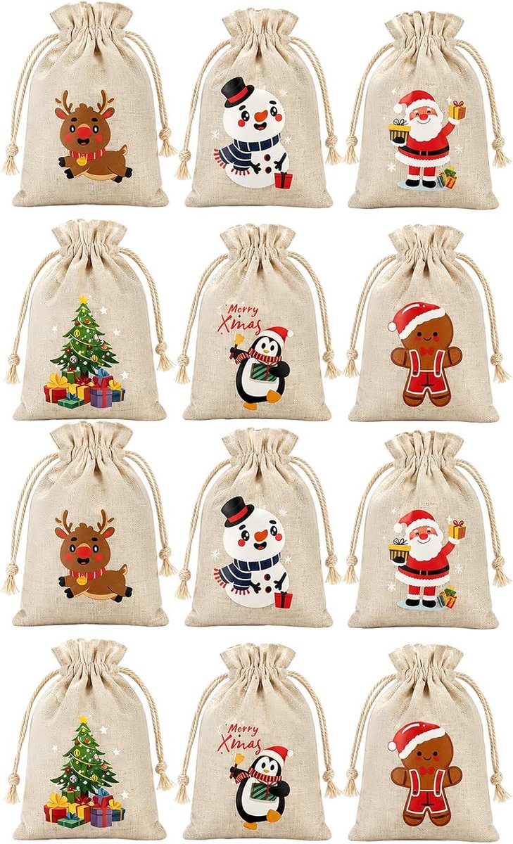 Set van 12 jute zakjes 10 x 15 cm voor Kerstmis met trekkoord, kleine geschenkzakjes met kerstman, rendier, dennenboom, herbruikbaar