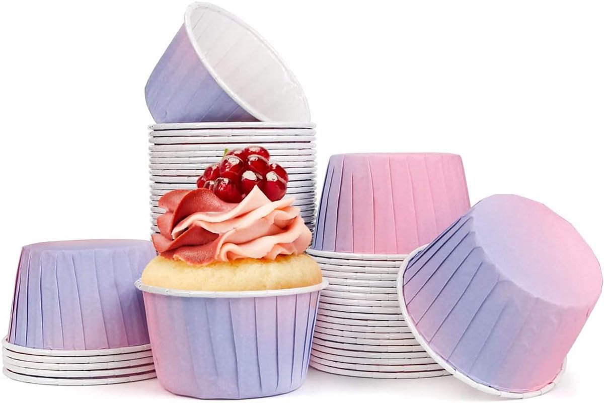 50 stuks papieren cupcakevormpjes, kleine muffinvoeringen voor bakken, wegwerpbare cupcake-bakbekers voor bruiloften, Kerstmis, verjaardag (roze blauw)