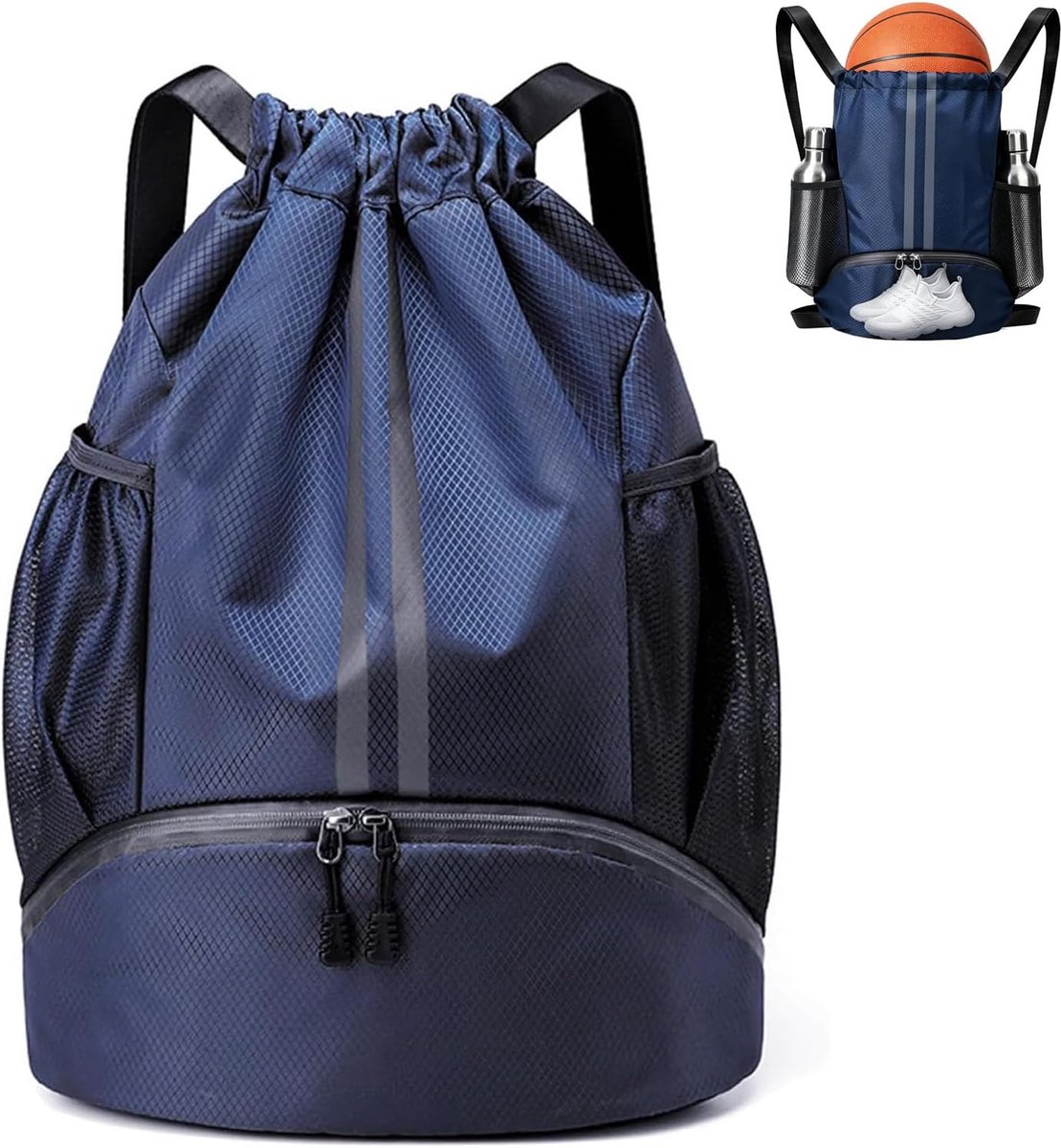 Gymtas met trekkoord, multifunctionele sportrugzak met trekkoord, schoenenvak, draagbare sportrugzak voor basketbal, voetbal, volleybal, fitness, uniseks sporttas, waterdicht (marineblauw)