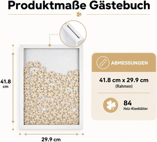 Gastenboek voor bruiloft, in fotolijst met 72 houten hartjes om te beschrijven, bruiloftsgastenboek, MDF houten lijst, wit, 43 x 31 cm, klaverbladen — afbeelding 3