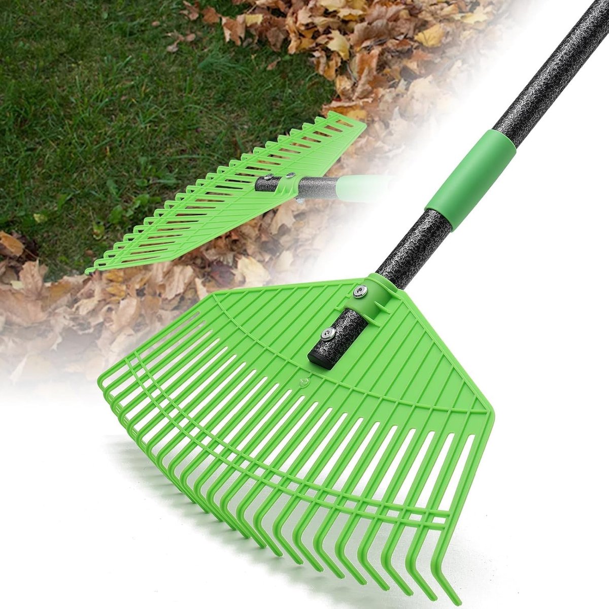 Hark, 107 cm bladhark met verstelbare steel, 42 cm groot oppervlak, tuinhark, bladhark van kunststof met 23 versterkte tanden, gazonhark voor het reinigen van planten, gazon en erf