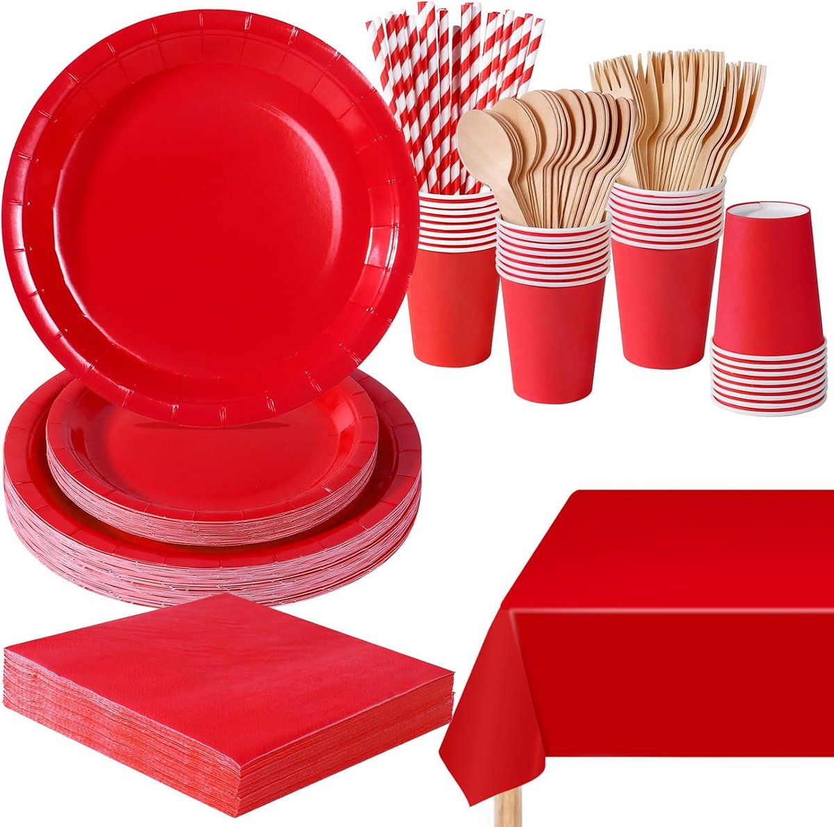 169 stuks, rode decoratie voor meisjes, verjaardag, Dambini, feestartikelen, set inclusief papieren borden, feestbekers, servetten, voor 24 gasten