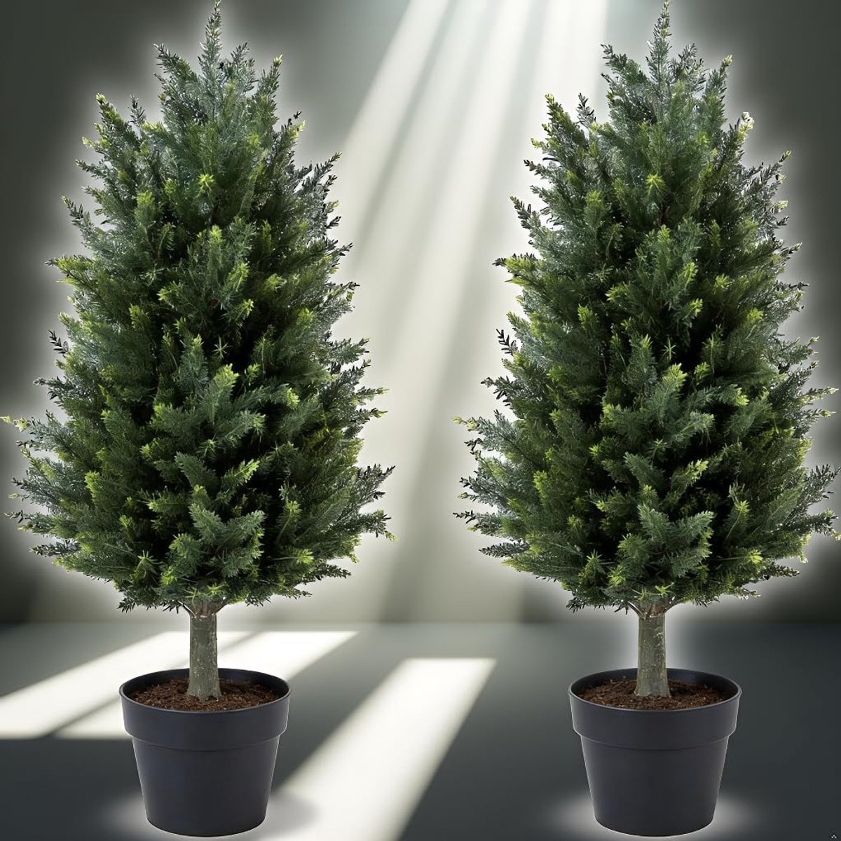 Kunstplant ceder, 90 cm, kunststof plant, uv-bestendige kunststruiken voor binnen en buiten, kantoor, woonkamer, slaapkamer, veranda, tuindecoratie met lichtstrips, 2 stuks
