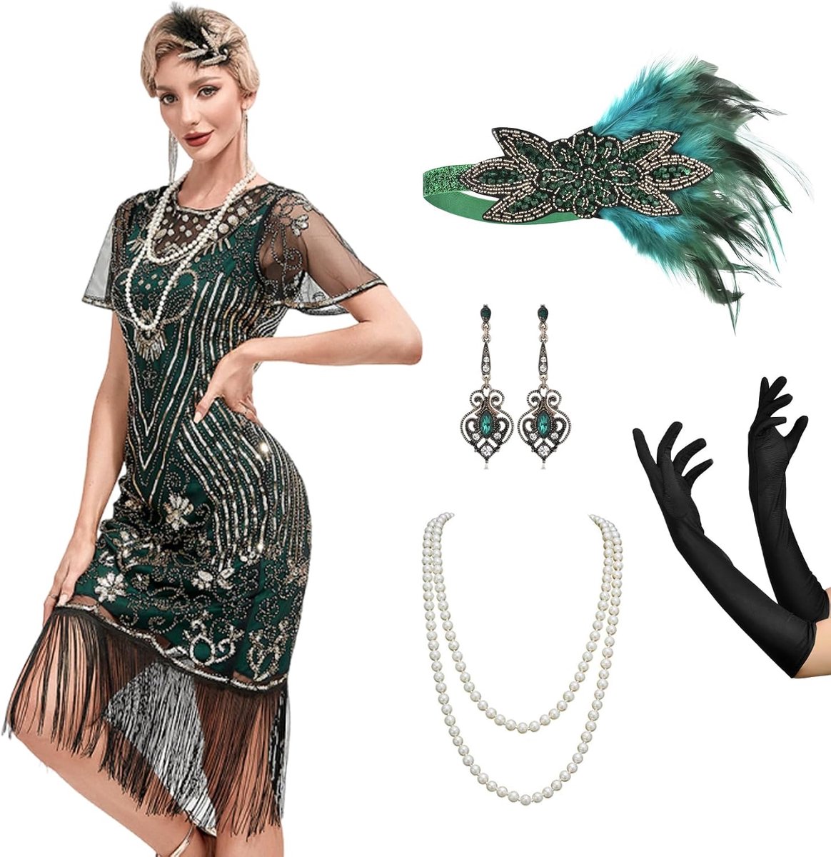 Jaren 20-kostuum voor dames, Gatsby-jurk met jaren 20-accessoires, Charleston flapperjurk, carnavalskostuum, cocktailjurk