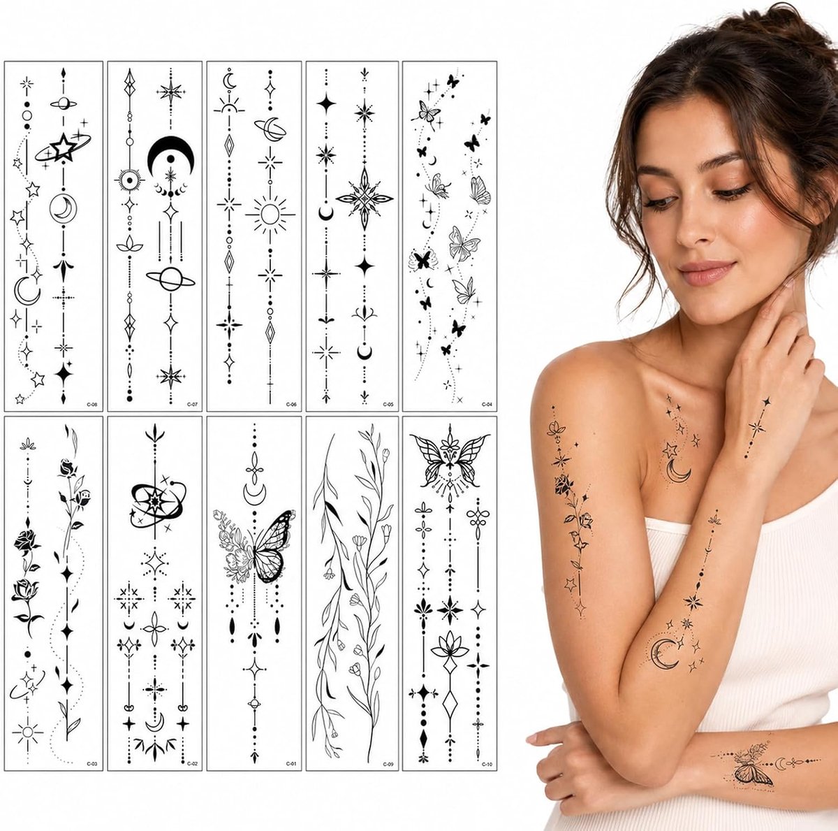 Tijdelijke tatoeages met bloemen, 10 stuks, zwarte bladeren, waterdicht, realistisch, voor arm, pols, sleutelbeen, feest, festival, lichaamskunst